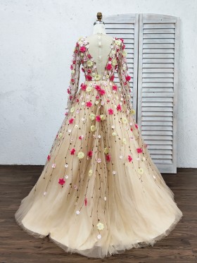 Beautiful 3D flowers long sleeve champagne ball dress