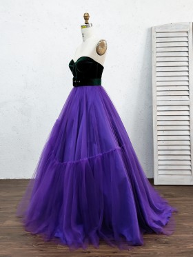 emerald velvet with purple tulle floor length ball gown