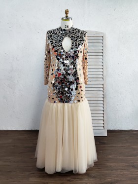stunning mirror sequin embellished champaghe tulle prom dress