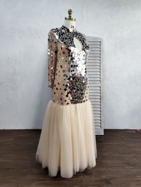 stunning mirror sequin embellished long sleeve tulle prom dress