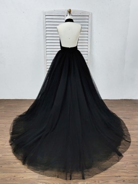 backless black tulle halter prom gown backless black tulle halter prom gown
