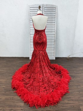 backless red sequin with feather long train prom dress backless red sequin with feather long train prom dress