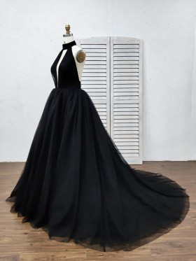black tulle halter plunging neckline prom gown