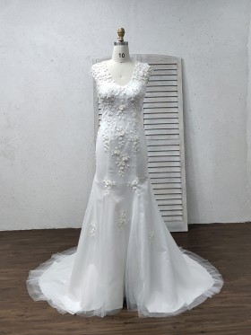 floral lace appliqued mermaid satin and tulle wedding dress