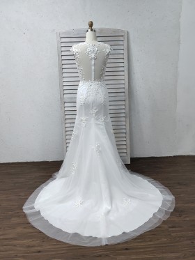 floral lace appliqued zipper up wedding dress with chapel train