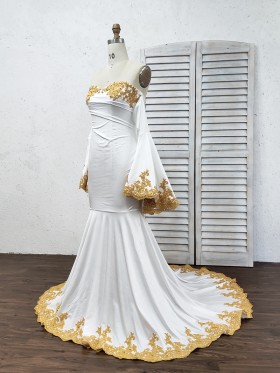 gold lace appliqued white jersey bell sleeve mermaid prom dress