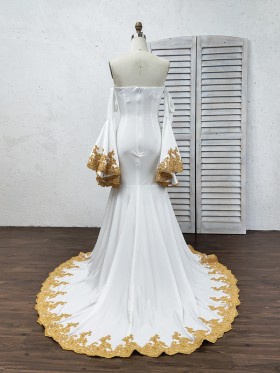 gold lace appliqued white jersey bell sleeve prom dress gold lace appliqued white jersey bell sleeve prom dress