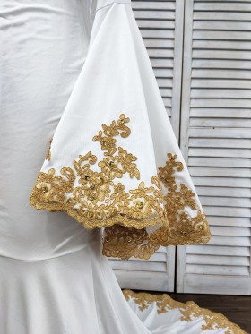 gold lace appliqued white jersey bell sleeves