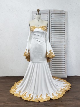 gold lace appliqued white jersey off shoulder bell sleeve mermaid prom dress
