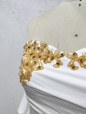 gold lace appliqued white jersey
