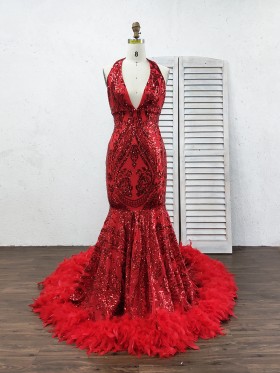 gorgeous red sequin with feather mermaid prom dress gorgeous red sequin with feather mermaid prom dress
