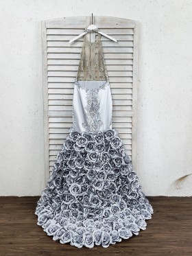 low back silver 3D rose mermaid prom dress