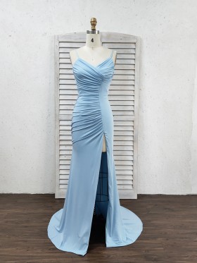 pleated sky blue spandex long prom dress with thigh high slit