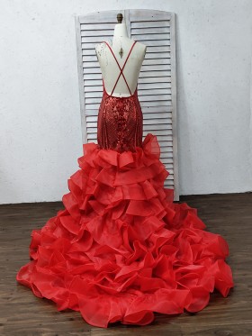 red sequin and tiered ruffed organza long train prom dress