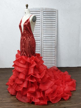 red sequin and tiered ruffed organza prom dress