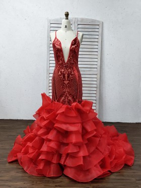 red sequin and tiered ruffed organza prom dress with plunging neckline and spaghetti straps