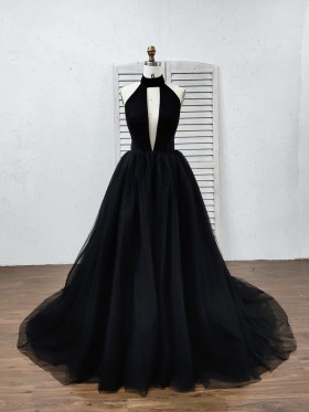 sexy black tulle halter plunging neckline prom gown sexy black tulle halter plunging neckline prom gown