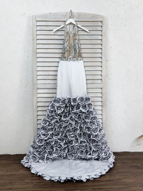 silver illusion glitter and 3D rose mermaid prom dress