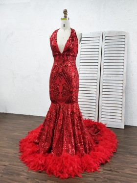 sparkly red sequin with feather trim mermaid prom dress