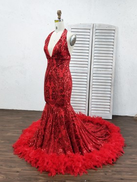 stunning red sequin with feather long train mermaid prom dress