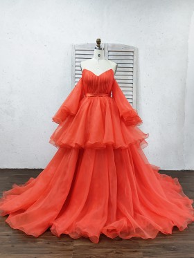 unique tiered orange organza ball gown prom dress