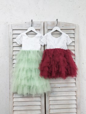 white lace and mint tulle tiered flowe girl dresses