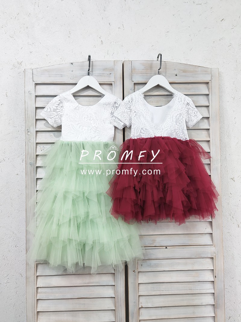 Promfy Cute Lace and Tiered Tulle Flower Girl Dress