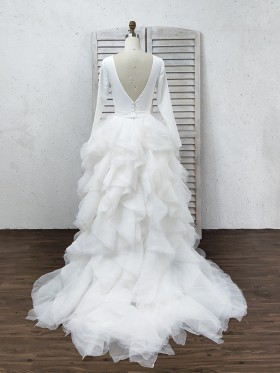 V back long sleeve jersey top with ruffed organza bottom dress with court train