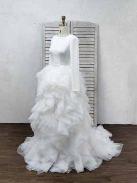 long sleeve jerset top with ruffled organza bottom brial gown long sleeve jerset top with ruffled organza bottom brial gown
