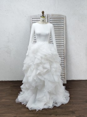 white jersey and ruffled organza bridal dress