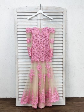 Beautiful Candy Pink Lace Sheer Nude Tulle Dress