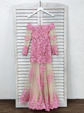 off the shoulder sheer sleeve candy pink lace dress