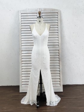 soft white lace V neck split long formal dress