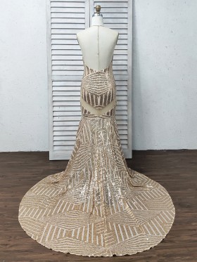 backless rose gold sequin cut out prom dress with long train