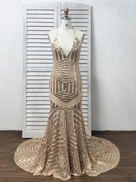 popular rose gold sequin cut out mermaid prom dress