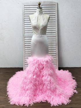 iridescent sequin lace and pink feather mermaid prom gown
