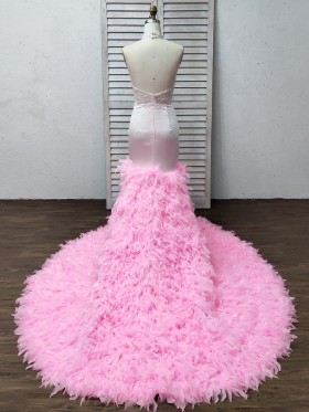 low back pink feather long train prom gown low back pink feather long train prom gown
