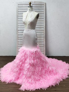 mermaid pink sequin lace and ostrich feather prom gown