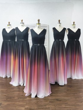 V neck A line black to red ombre chiffon bridesmaid dresses