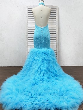 backless halter neck ruffled tulle long train prom dress backless halter neck ruffled tulle long train prom dress