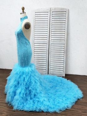 beaded hater neck pool ruffled tulle long train prom dress beaded hater neck pool ruffled tulle long train prom dress