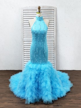 beaded hater neck pool ruffled tulle mermaid prom dress beaded hater neck pool ruffled tulle mermaid prom dress