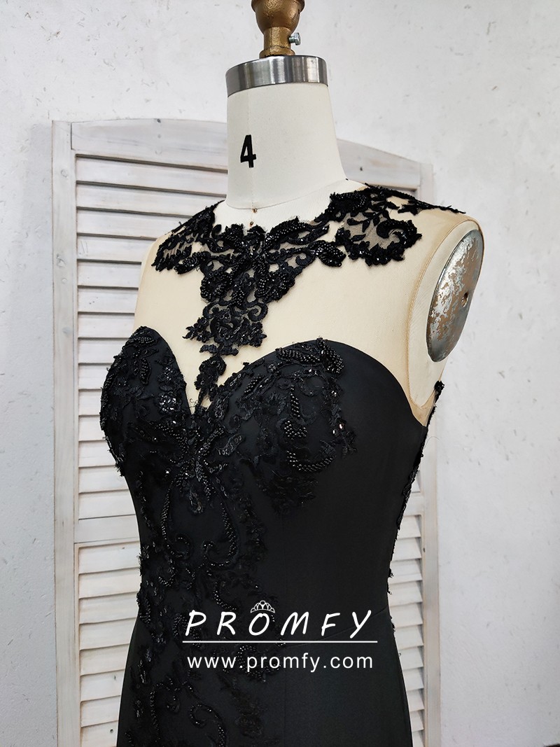 Promfy Fabulous Illusion Neck Black Trumpet Formal Prom Gown