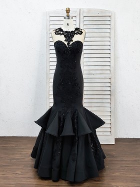 beaded illusion neckline black lace and satin trumpet prom dress beaded illusion neckline black lace and satin trumpet prom dress