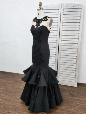 beaded illusion neckline black trumpet prom dress beaded illusion neckline black trumpet prom dress