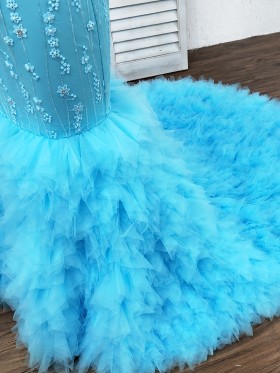 beaded pool dress with ruffled long train