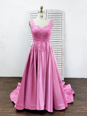 beautiful lace and satin long engagement dress