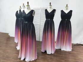 black to red ombre A line long bridesmaid dresses