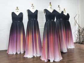 black to red yellow white ombre chiffon bridesmaid dresses