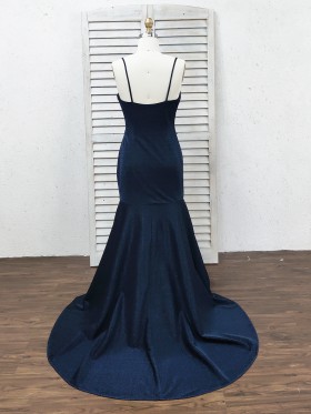 dark navy prom dress with spaghetti straps